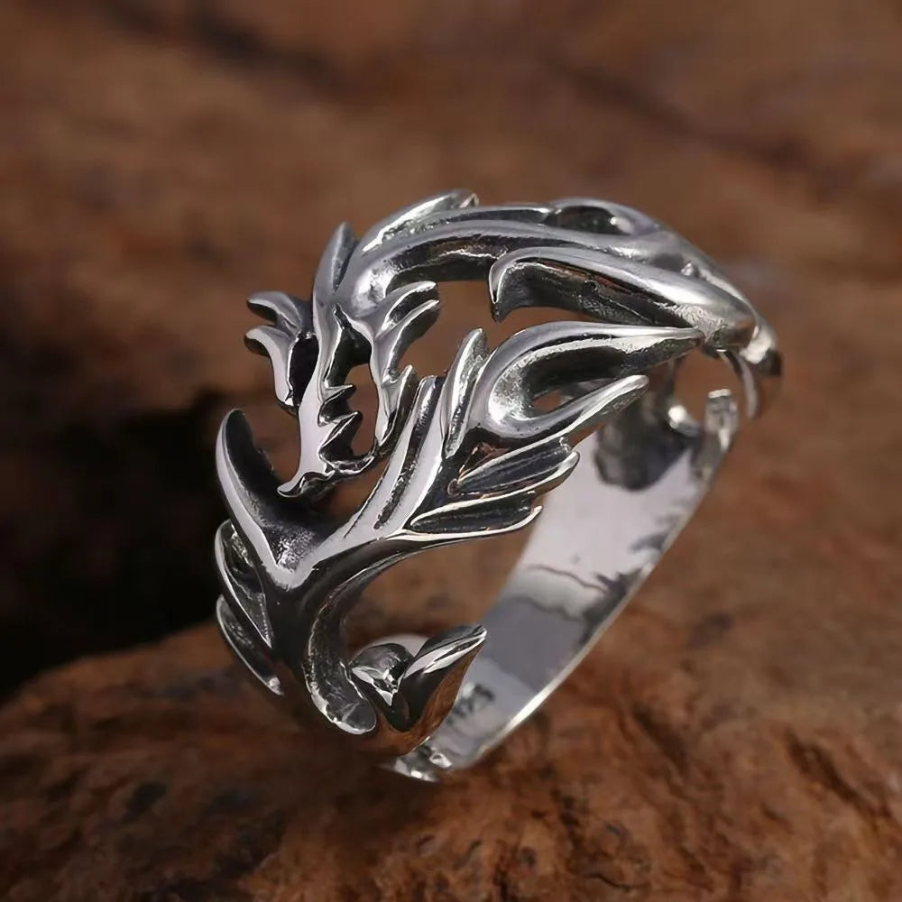 Punk Rave Goth Double Layer Dragon Couple Rings Fashion Retro Stainless Steel Thorns Punk Open Ring for Men Women Y2k Finger Jewelry Dragon Steel Stainless Steel