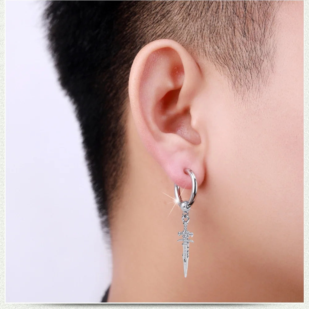 Dark in Love Gothic Sword Drop Earrings Surgical Steel Black Punk Ear Hoops with Long Dangle Grunge Hip Hop Stainless Steel Rings Gothic Steel Stainless Steel Black