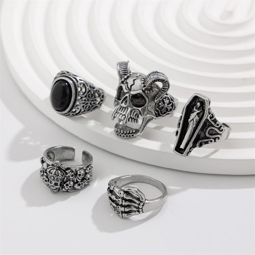 Killstar Gothic Punk Skull Rings for Men's Adjustable Opening Finger Ring Coffin Mummy Vampire Jewelry Creative Gifts Halloween Cosplay Skull Gothic