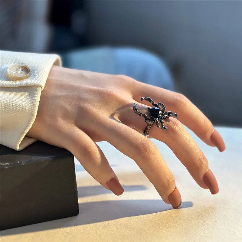 Killstar Gothic Punk Irregular Spider Opening Ring Women Men Fashion Zircon Black Crystal Dark Animal Ring Hip Hop Party Finger Jewelry Gothic Black