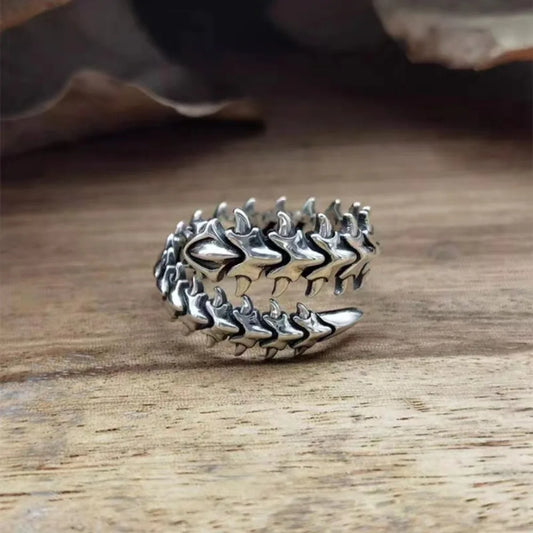 Punk Rave Antique Silver Vintage Gothic Keel Spine Ring Hyperbole Centipede Open Ring for Women Men Hip Hop Fashion Jewelry Gothic Silver Silver