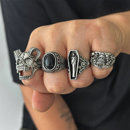 Killstar Gothic Punk Skull Rings for Men's Adjustable Opening Finger Ring Coffin Mummy Vampire Jewelry Creative Gifts Halloween Cosplay Skull Gothic