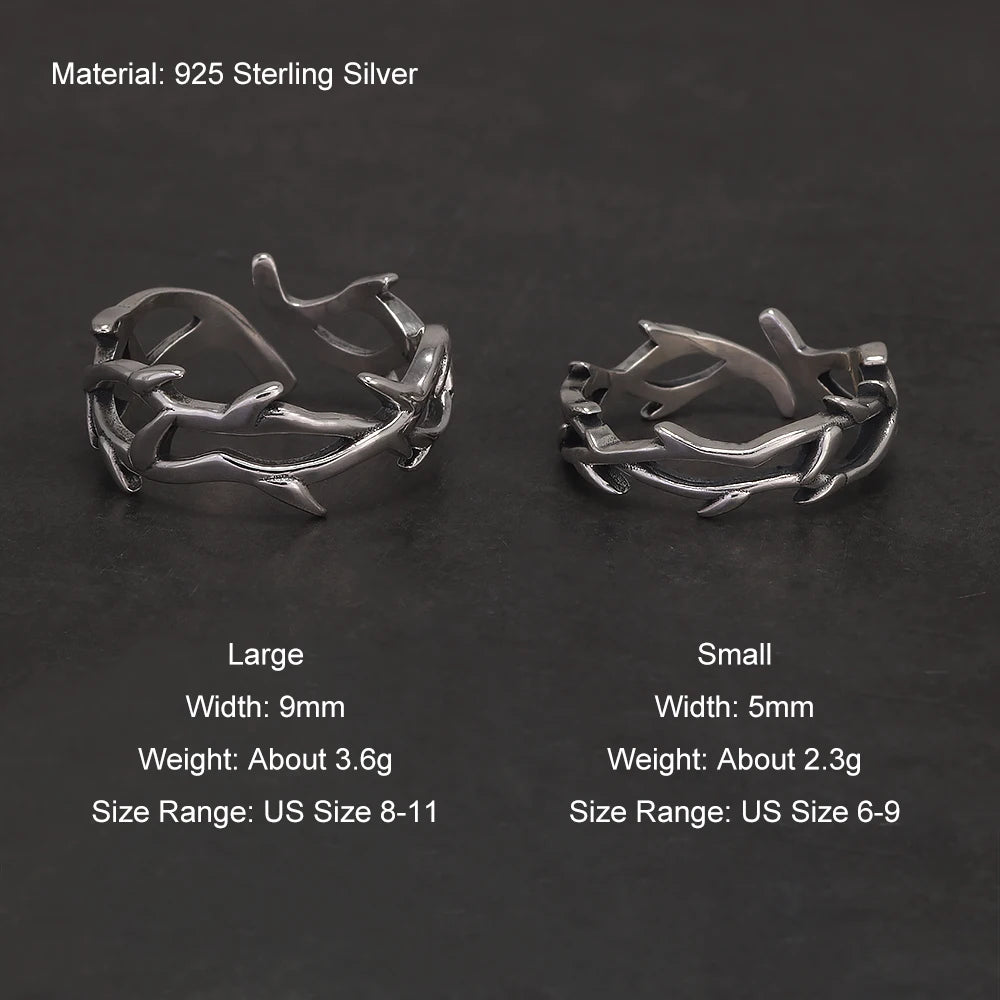 Disturbia 925 Sterling Silver Gothic Thorn Couple Rings for Women Men Punk Retro Cool Spiky Finger Ring Adjustable Hip hop Y2k Jewelry Gothic Silver Silver