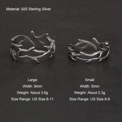 Disturbia 925 Sterling Silver Gothic Thorn Couple Rings for Women Men Punk Retro Cool Spiky Finger Ring Adjustable Hip hop Y2k Jewelry Gothic Silver Silver