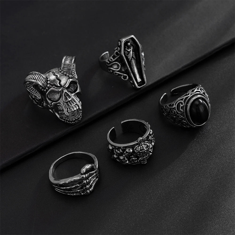 Killstar Gothic Punk Skull Rings for Men's Adjustable Opening Finger Ring Coffin Mummy Vampire Jewelry Creative Gifts Halloween Cosplay Skull Gothic