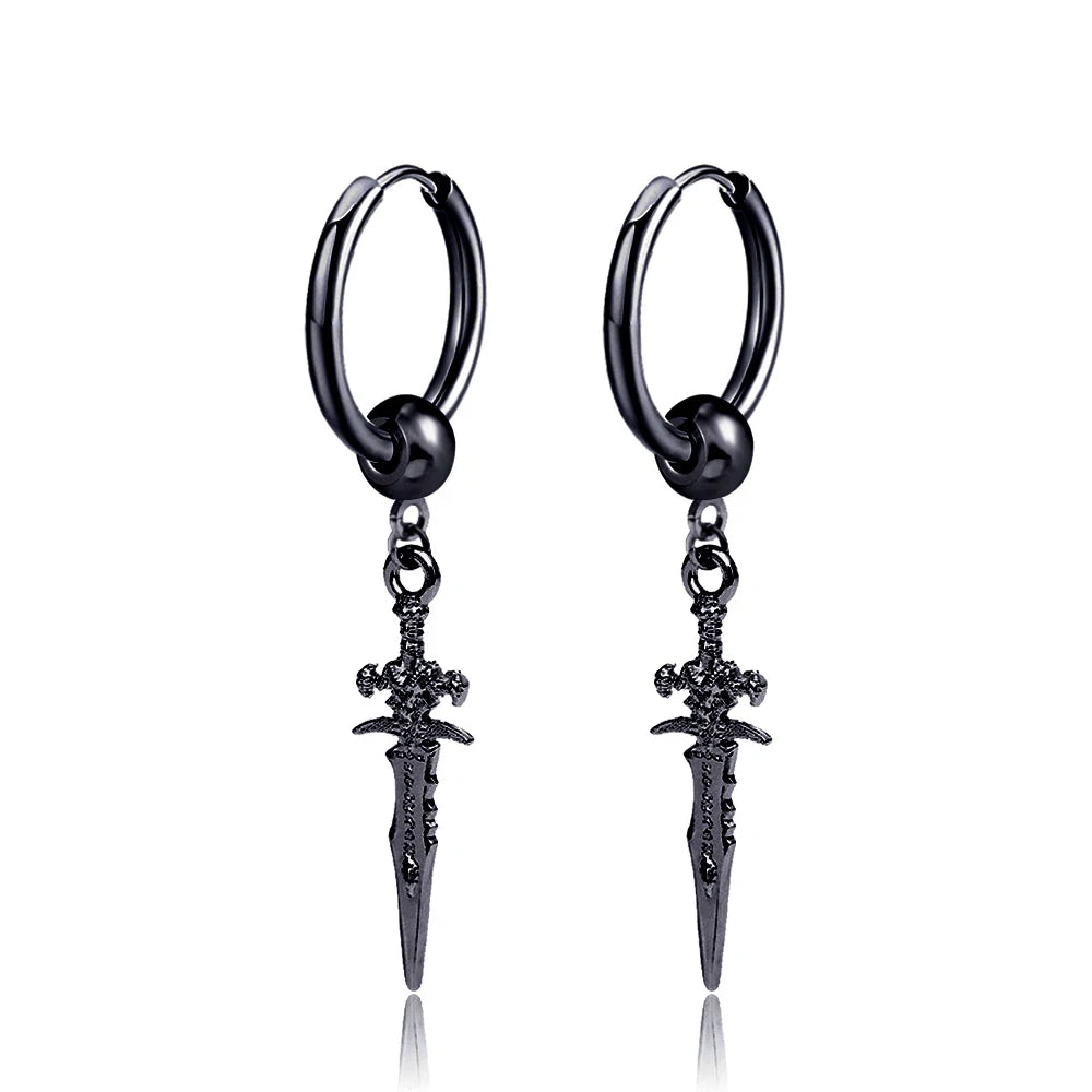 Dark in Love Gothic Sword Drop Earrings Surgical Steel Black Punk Ear Hoops with Long Dangle Grunge Hip Hop Stainless Steel Rings Gothic Steel Stainless Steel Black