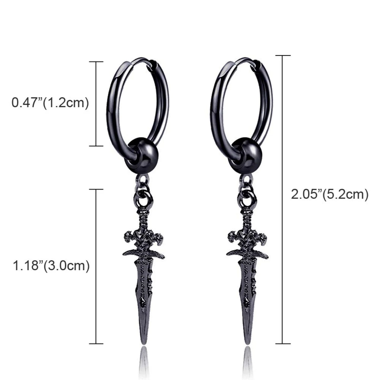 Dark in Love Gothic Sword Drop Earrings Surgical Steel Black Punk Ear Hoops with Long Dangle Grunge Hip Hop Stainless Steel Rings Gothic Steel Stainless Steel Black