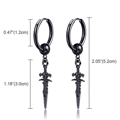 Dark in Love Gothic Sword Drop Earrings Surgical Steel Black Punk Ear Hoops with Long Dangle Grunge Hip Hop Stainless Steel Rings Gothic Steel Stainless Steel Black