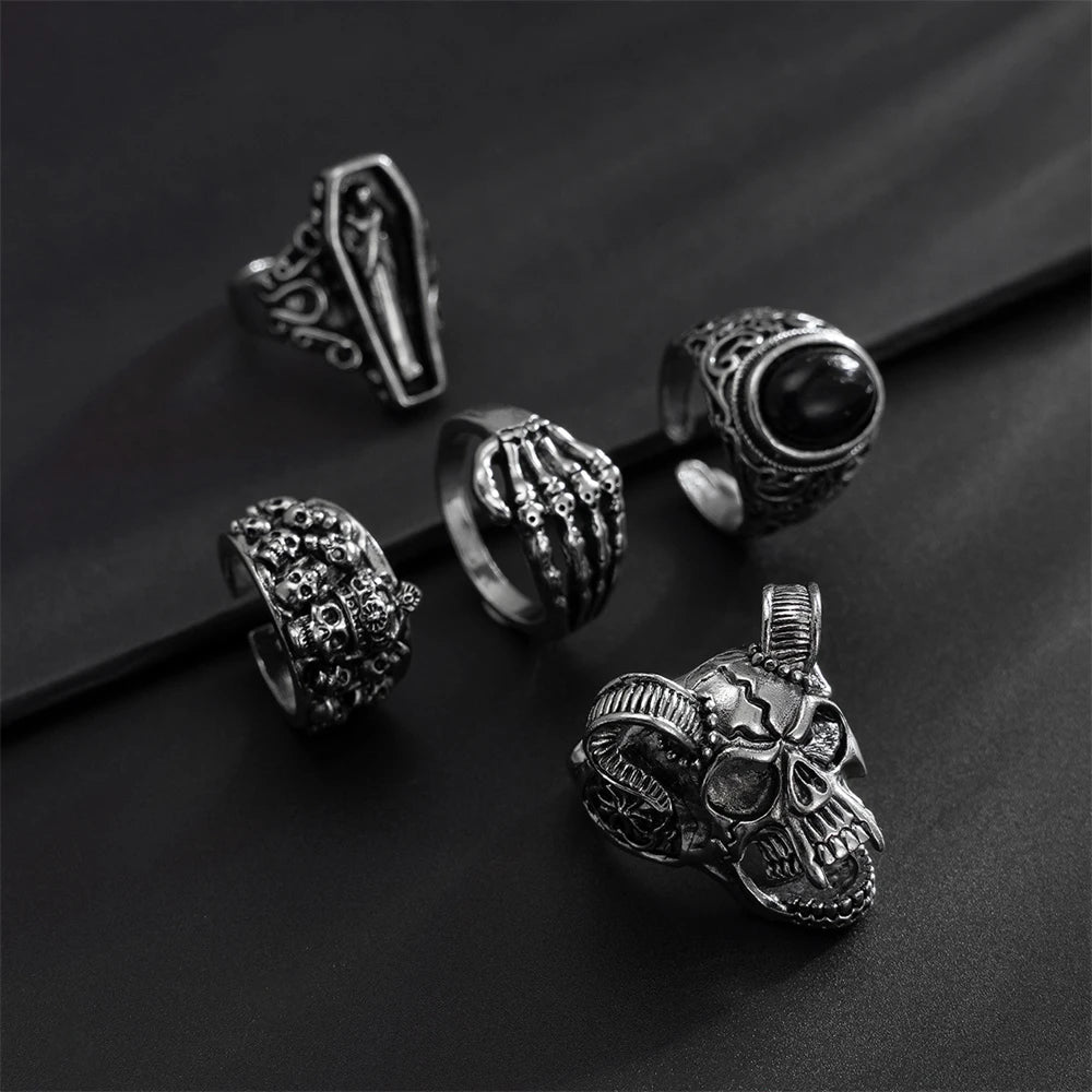 Killstar Gothic Punk Skull Rings for Men's Adjustable Opening Finger Ring Coffin Mummy Vampire Jewelry Creative Gifts Halloween Cosplay Skull Gothic
