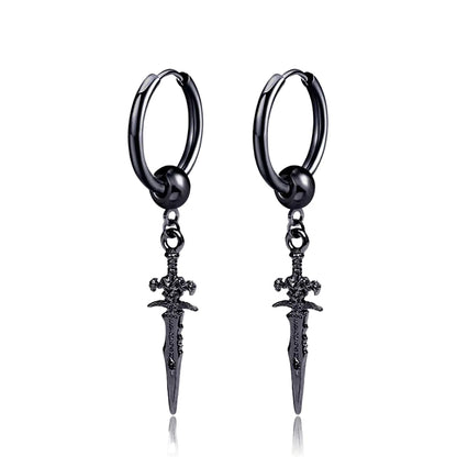 Dark in Love Gothic Sword Drop Earrings Surgical Steel Black Punk Ear Hoops with Long Dangle Grunge Hip Hop Stainless Steel Rings Gothic Steel Stainless Steel Black
