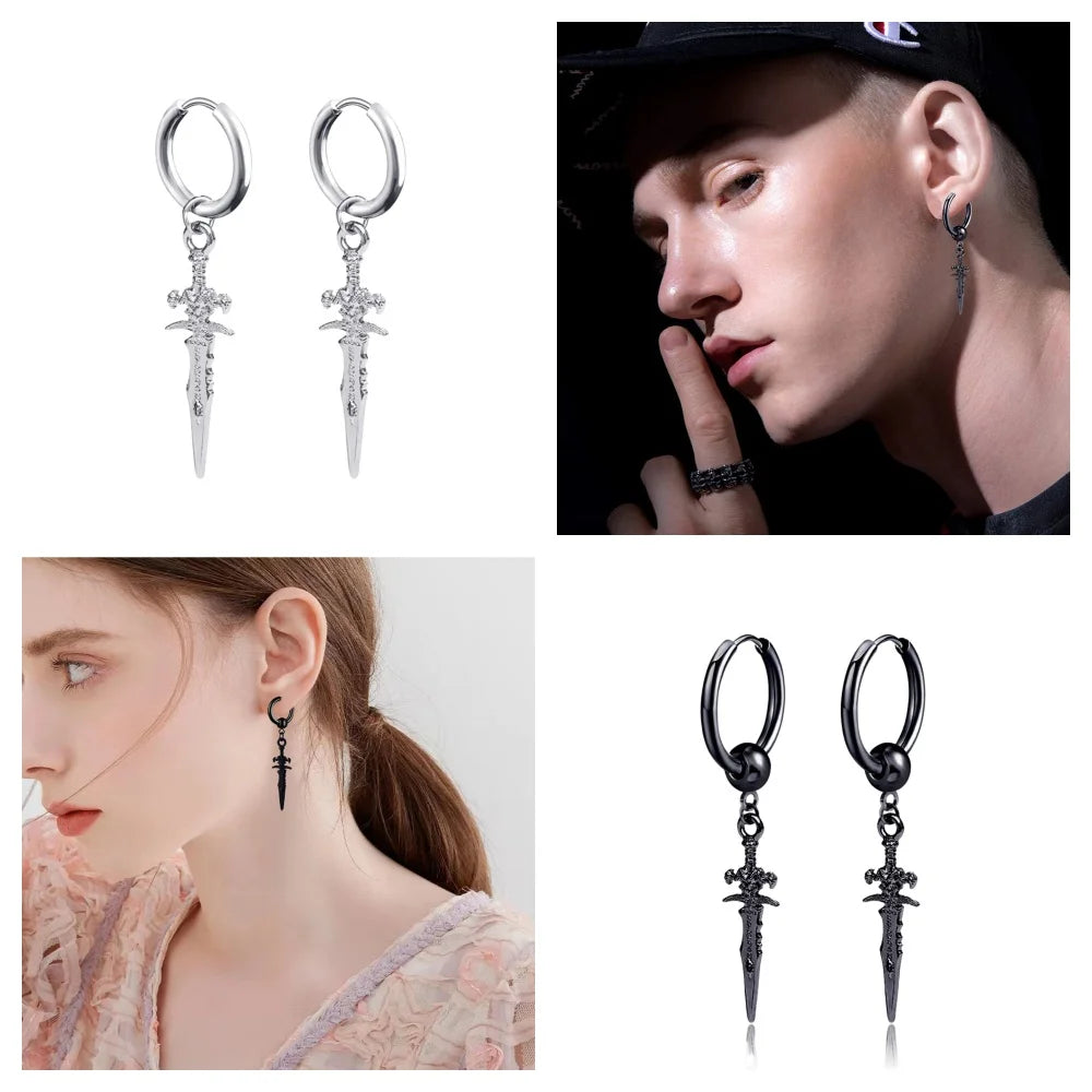 Dark in Love Gothic Sword Drop Earrings Surgical Steel Black Punk Ear Hoops with Long Dangle Grunge Hip Hop Stainless Steel Rings Gothic Steel Stainless Steel Black