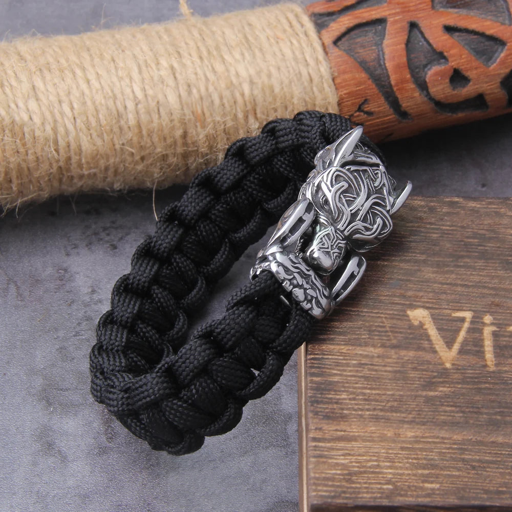 Blackcraft Cult Never Fade Rock Viking Wolf Bracelet Men's handmade cord Wolf Bead Punk Bracelets Biker Jewelry Wolf Black Gothic Ring
