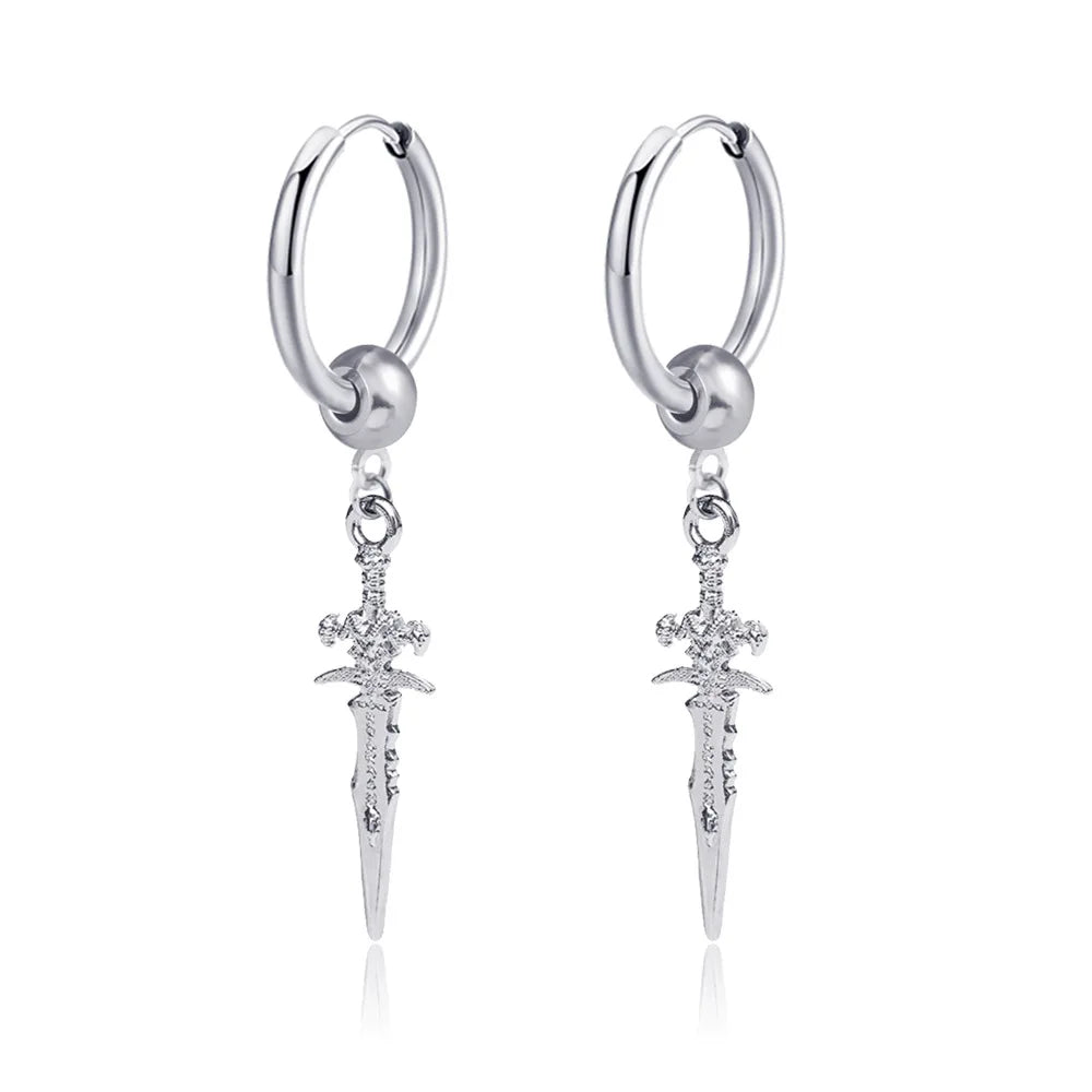 Dark in Love Gothic Sword Drop Earrings Surgical Steel Black Punk Ear Hoops with Long Dangle Grunge Hip Hop Stainless Steel Rings Gothic Steel Stainless Steel Black