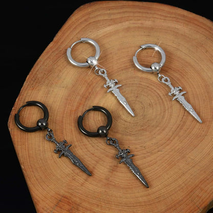 Dark in Love Gothic Sword Drop Earrings Surgical Steel Black Punk Ear Hoops with Long Dangle Grunge Hip Hop Stainless Steel Rings Gothic Steel Stainless Steel Black