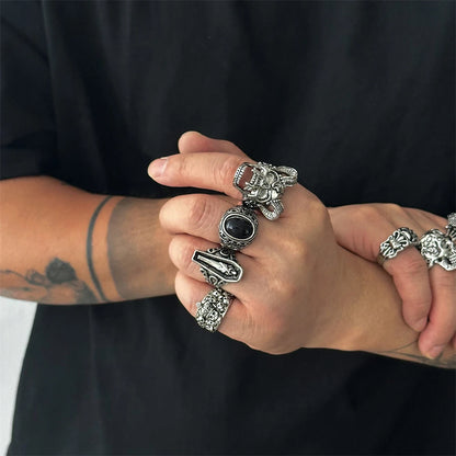 Killstar Gothic Punk Skull Rings for Men's Adjustable Opening Finger Ring Coffin Mummy Vampire Jewelry Creative Gifts Halloween Cosplay Skull Gothic