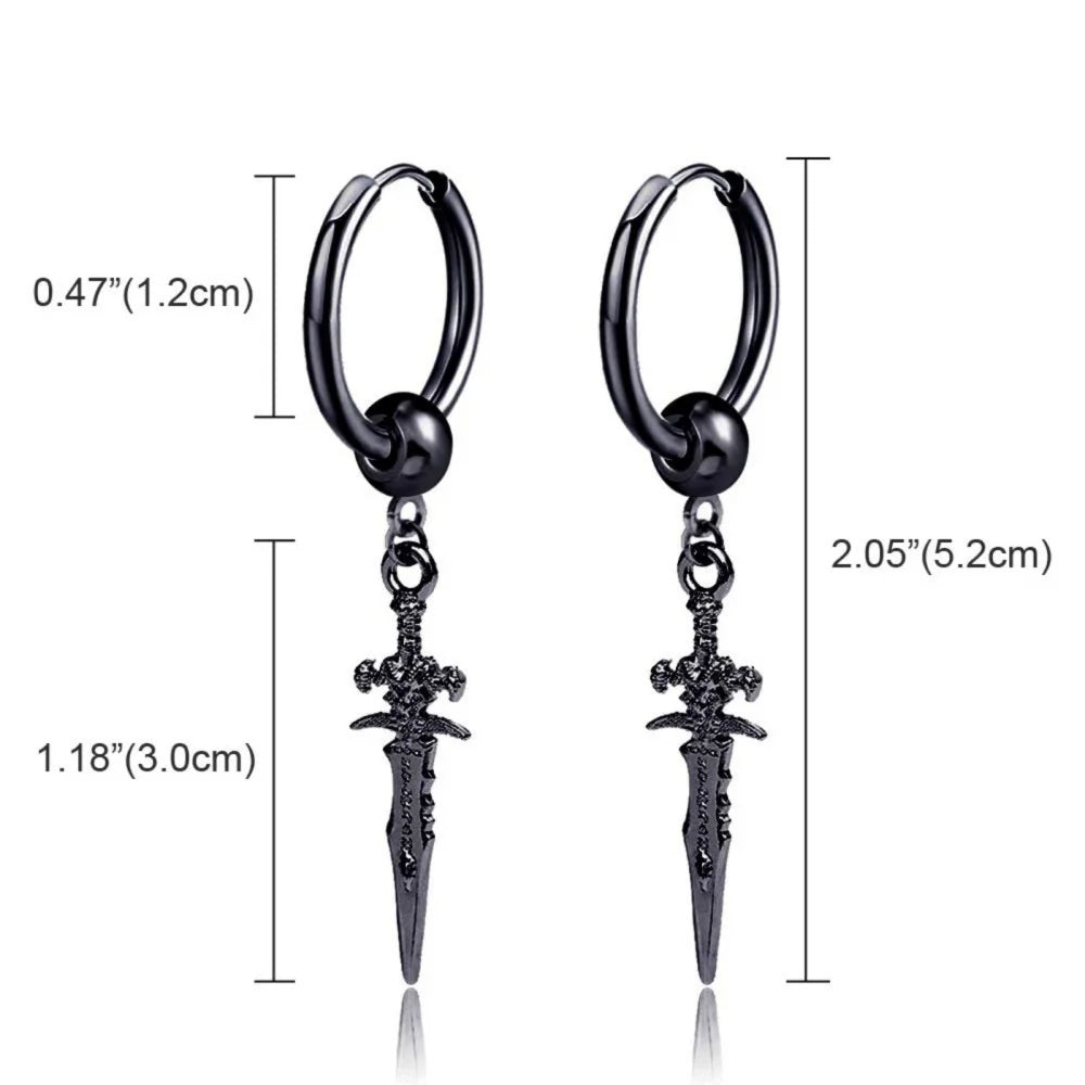 Dark in Love Gothic Sword Drop Earrings Surgical Steel Black Punk Ear Hoops with Long Dangle Grunge Hip Hop Stainless Steel Rings Gothic Steel Stainless Steel Black