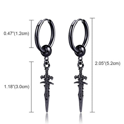 Dark in Love Gothic Sword Drop Earrings Surgical Steel Black Punk Ear Hoops with Long Dangle Grunge Hip Hop Stainless Steel Rings Gothic Steel Stainless Steel Black