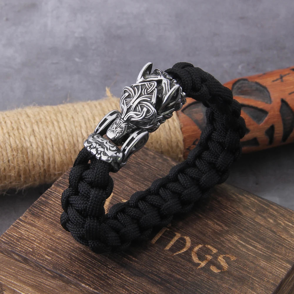 Blackcraft Cult Never Fade Rock Viking Wolf Bracelet Men's handmade cord Wolf Bead Punk Bracelets Biker Jewelry Wolf Black Gothic Ring