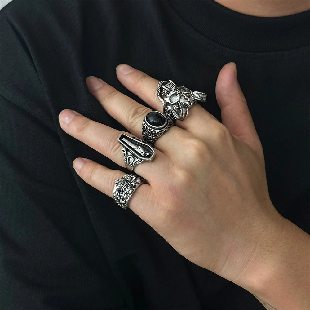Killstar Gothic Punk Skull Rings for Men's Adjustable Opening Finger Ring Coffin Mummy Vampire Jewelry Creative Gifts Halloween Cosplay Skull Gothic