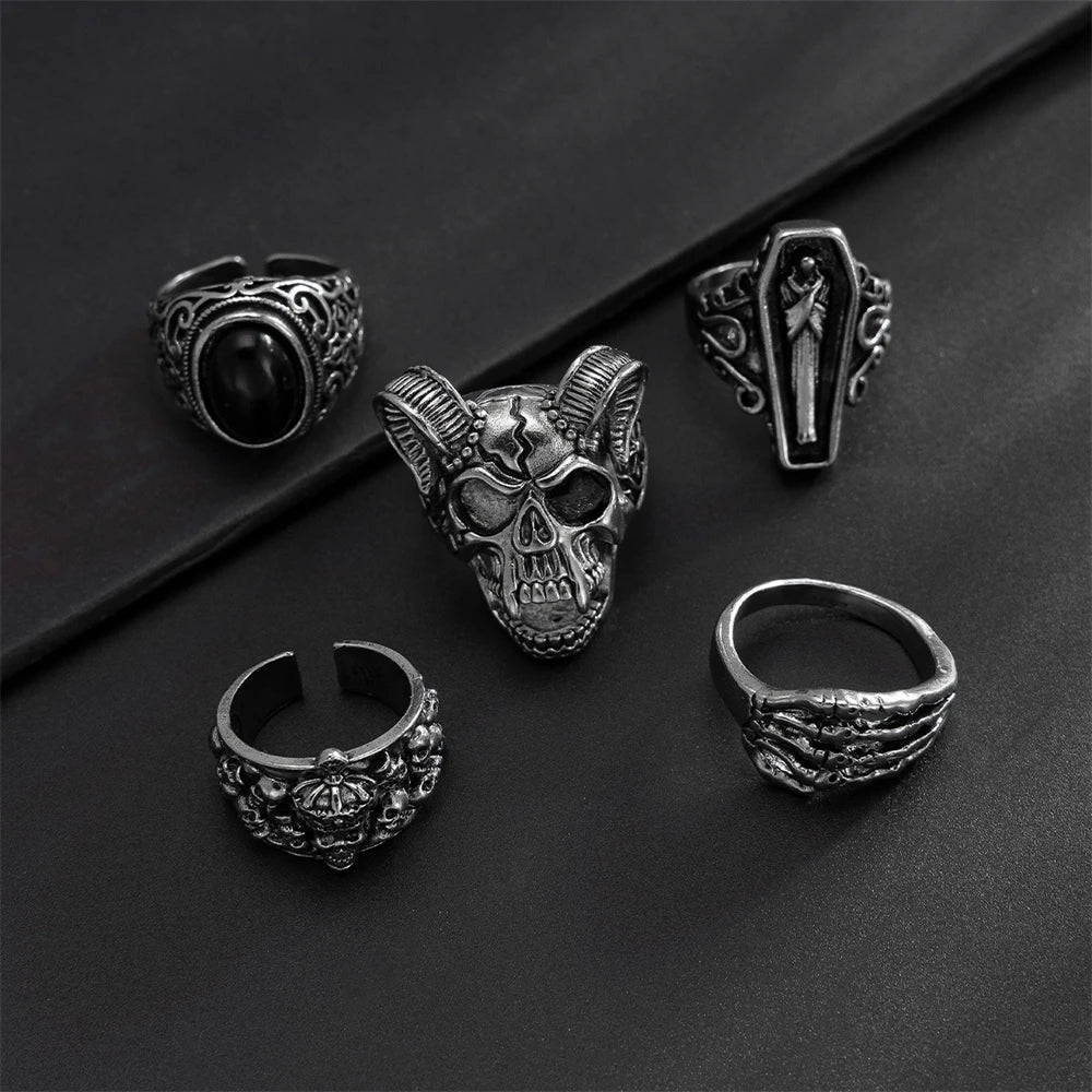 Killstar Gothic Punk Skull Rings for Men's Adjustable Opening Finger Ring Coffin Mummy Vampire Jewelry Creative Gifts Halloween Cosplay Skull Gothic